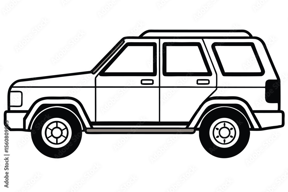 Outline Illustration of Classic SUV with Roof Rack and Bold Black Tires Outline Illustration of Classic SUV with Roof Rack and Bold Black Tires