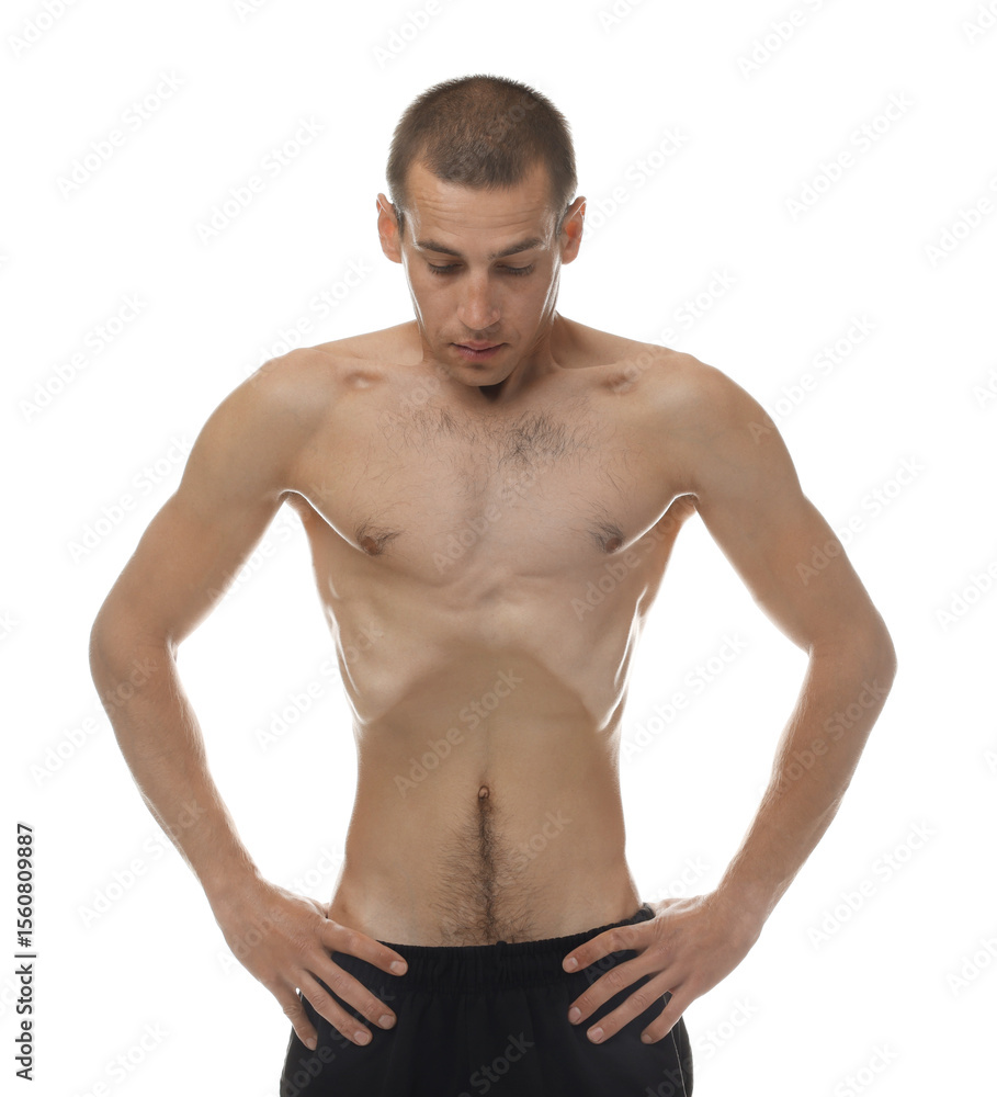 Fototapeta premium Man suffering from anorexia on white background