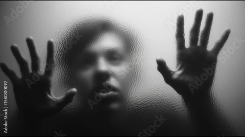 Hands reach out against a blurred, fogged surface, conveying emotions of confinement and a struggle for freedom. The stark black-and-white contrast emphasizes urgency and intensity