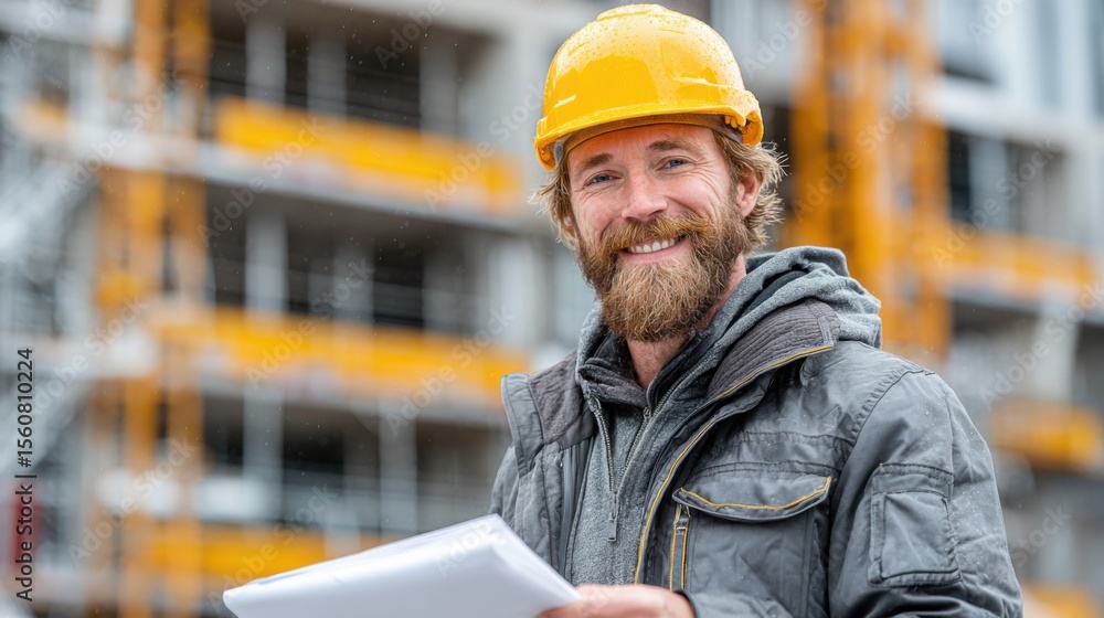 A construction worker smiles while holding building plans outdoors. The background shows scaffolding and ongoing construction, with cloudy skies overhead. A construction worker smiles while holding building plans outdoors. The background shows scaffolding and ongoing construction, with cloudy skies overhead.