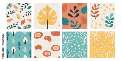 Botanical Tile Set with Leaves, Acorns, and Abstract Patterns