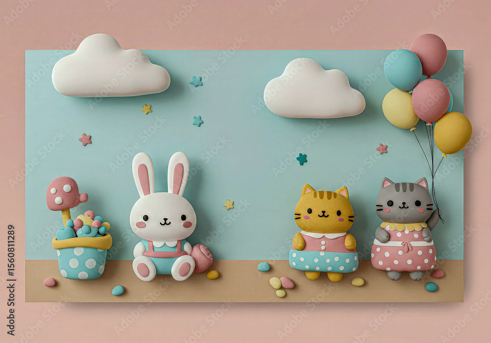 Obraz premium Cute clay art scene with rabbit and cats. Creative children's illustration with animals and balloons. Sweet craft for newborn announcement.