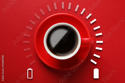 Fotografi Cup of coffee and energy gauge on red background, top view