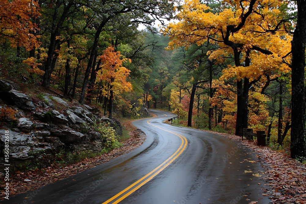 Obraz premium Serene asphalt road through colorful fall forest landscape 