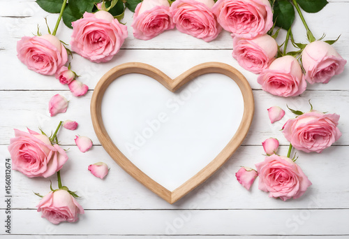 Pink rose flowers and heart with space for text