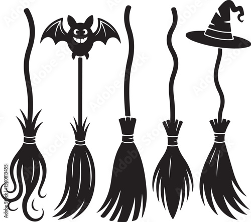Witch broom silhouette vector bundle. Halloween broomstick icon set. broom Vector