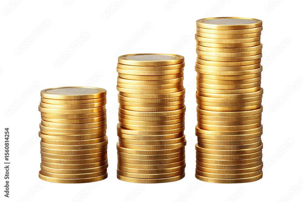 Three stacks of shiny gold euro coins in ascending order isolated on transparent background, representing financial growth and wealth accumulation Three stacks of shiny gold euro coins in ascending order isolated on transparent background, representing financial growth and wealth accumulation