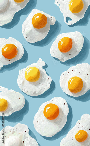 Fried eggs arranged on a blue background in a flatlay view  