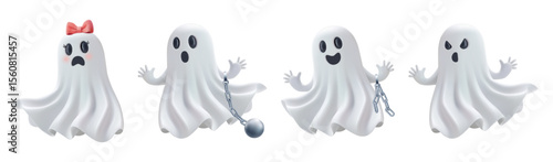 Ghost halloween 3d emoji vector. Cute prison chained phantom character, little girl with pink bow. Female nice sheet cloth png, cute scary promo happy poster. Funny spooky mascot set, realistic render