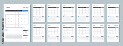 2026 calendar template. Corporate and business planner diary. The week starts on Monday. Set of 12 months of pages.