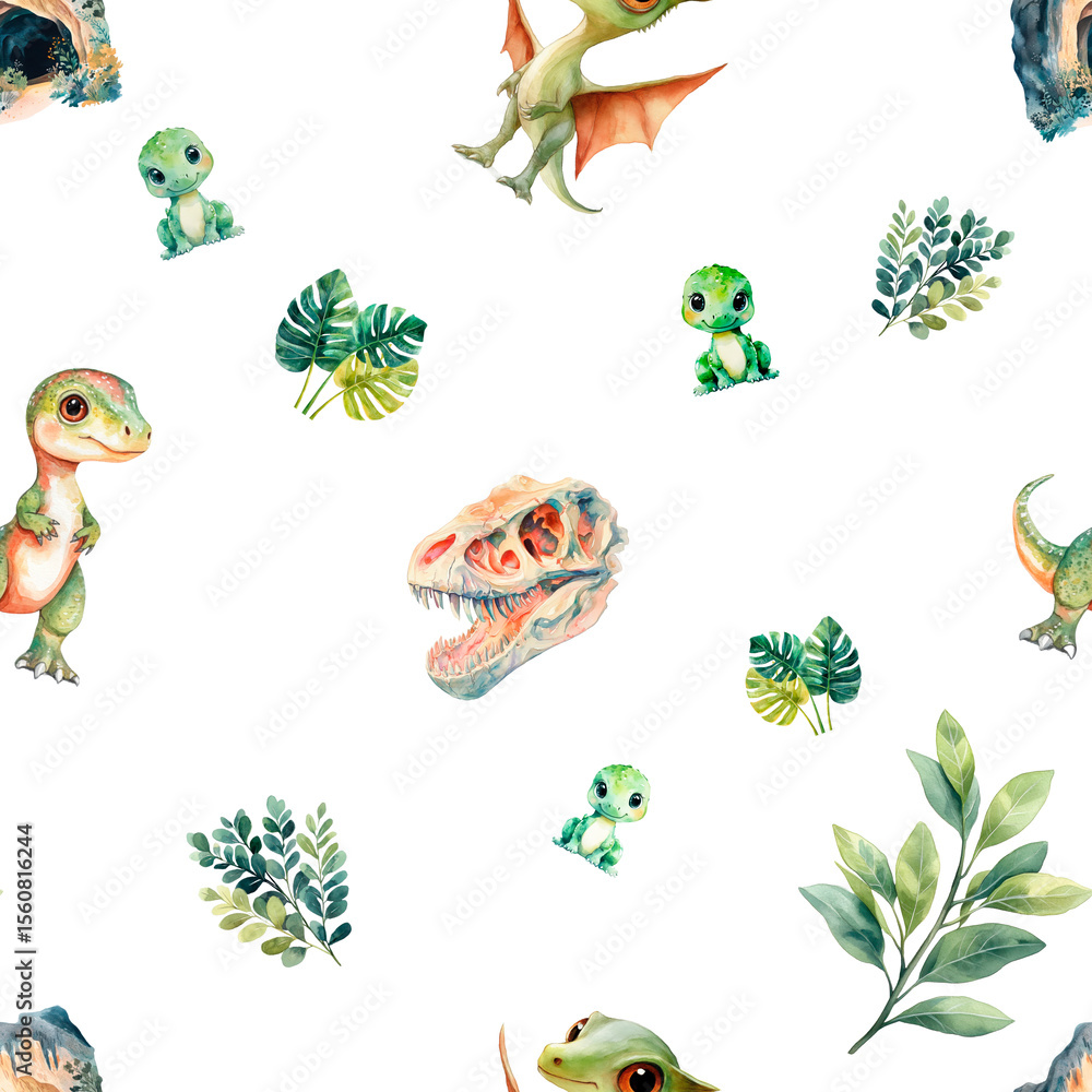 Fototapeta premium Cartoon Baby Dinosaurs with Leaves and Fossils