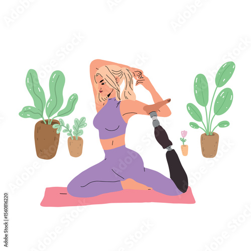 A young girl with a prosthetic leg practicing yoga on a mat surrounded by home flowers. The twisting pose promotes flexibility and relaxation. 
Vector graphics on white background