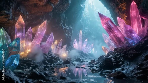 Glowing crystal cavern filled with massive translucent crystals. Concept of mining of precious stones and minerals.