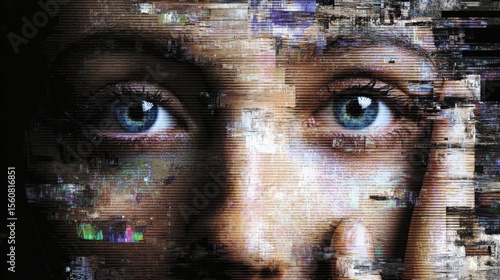 Close-up of a woman's face with blue eyes and a digital glitch overlay showing pixelation and colorful distortion effect