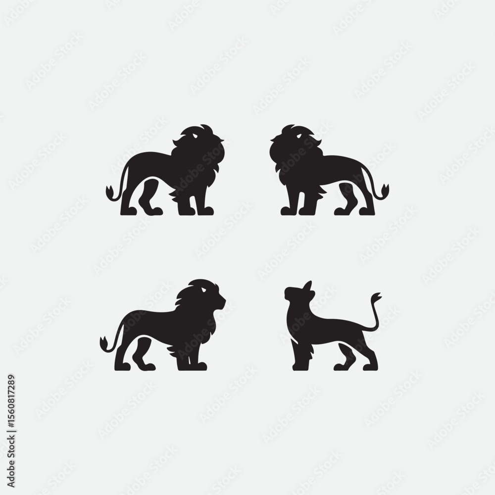 Naklejka premium Set of four black lion silhouettes in various majestic poses on white background