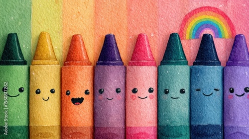 Kawaii crayon box with smiling face, rainbow colors, copy space for school themes. Back to school