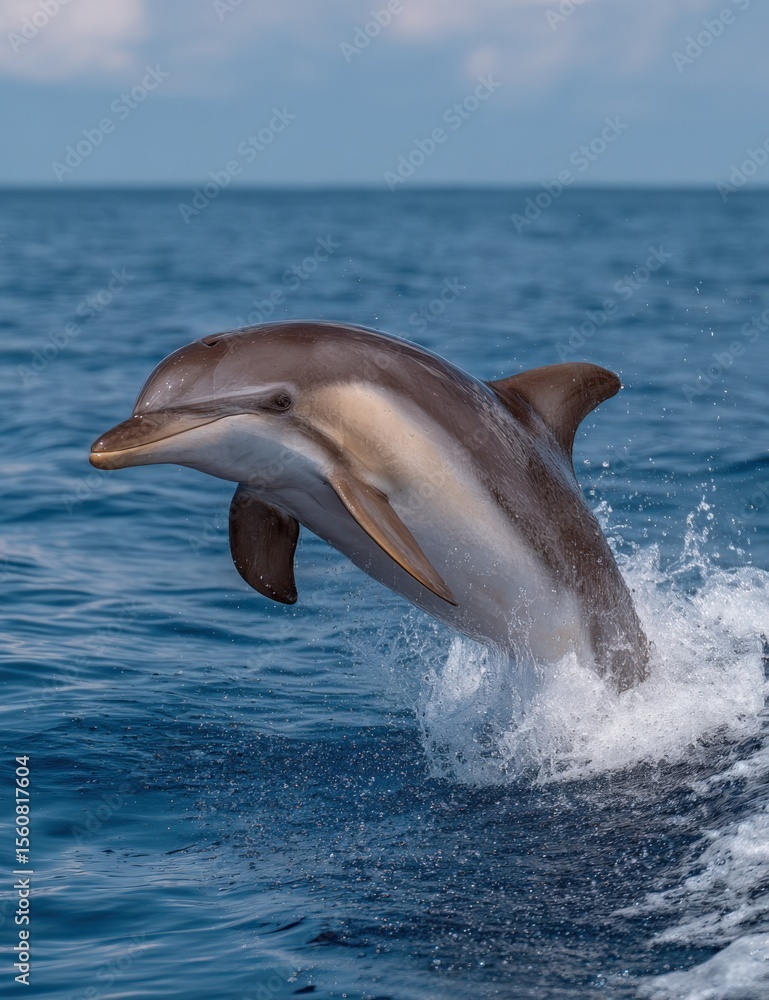 Fototapeta premium Bottlenose dolphin jumping out of the ocean sea surface with splashes and waves, wildlife marine animal in natural aquatic habitat under blue sky with clouds