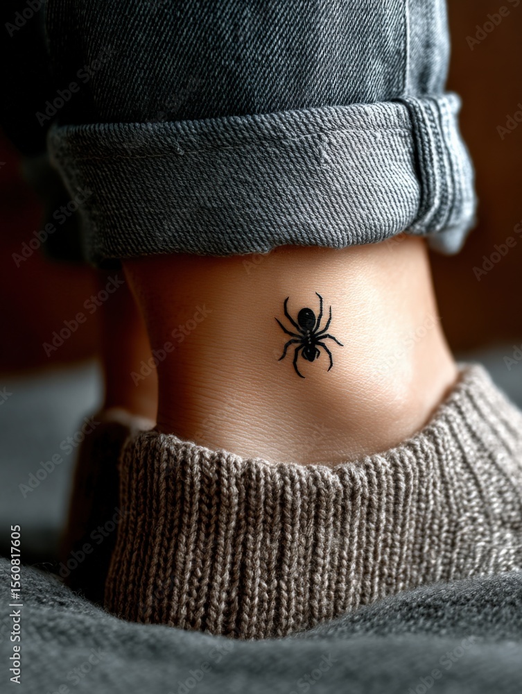 Obraz premium Close-up of a person's ankle with a small black spider tattoo on the skin, wea a gray sock and denim jeans cuff rolled up