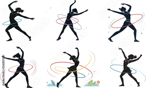Woman exercising with hula hoop. PNG, editable Vector illustration collection