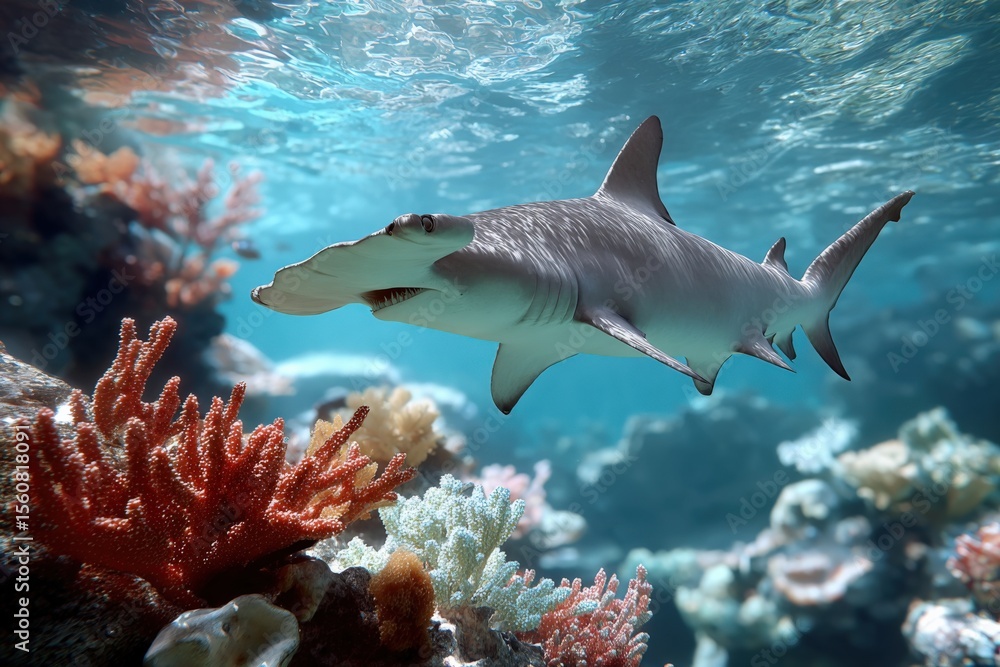 Fototapeta premium Large Grey Reef Shark Swimming Near Coral Reef Underwater Scene with Colorful Coral and Sunlight Filte Through water
