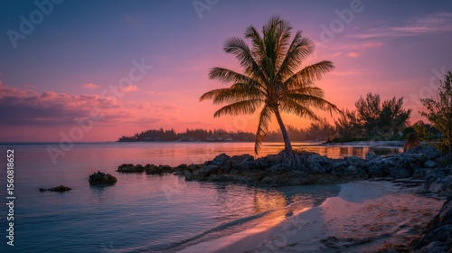 A picturesque sunset illuminates the sky in vibrant hues near the shoreline. A lone palm tree stands gracefully, reflecting nature's beauty. Calm waters and rocks add to the serene setting.