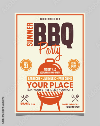 Summer BBQ Party portrait vertical flyer, bbq invitation poster vector template