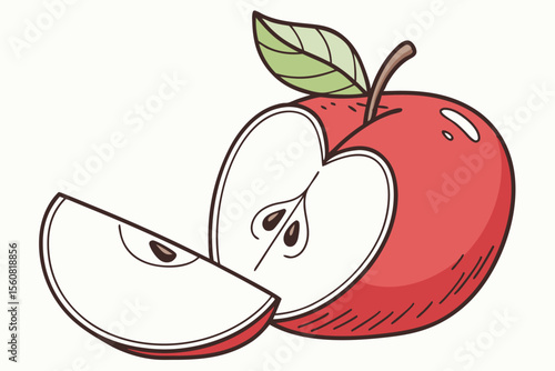 The Sweet Allure of Red Apple: A vibrant illustration captures the essence of a succulent red apple, sliced to reveal its fresh, juicy interior, complemented by a single slice and verdant leaf.