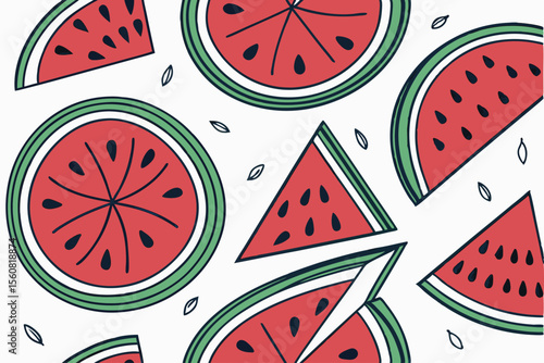Watermelon Slice Pattern: A vibrant and refreshing pattern of juicy watermelon slices and seeds, capturing the essence of summer joy and sweet taste.
