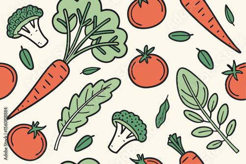 Vegetable Harvest Pattern: An organic pattern of fresh carrots, ripe tomatoes, vibrant broccoli, and leafy greens, celebrating healthy eating and garden freshness.