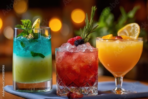 Wallpaper Mural Colorful tropical cocktails with fruit garnishes in elegant glasses on a dark bar counter with warm bokeh lights in the background Torontodigital.ca