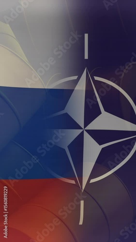 Animation of flags of russia and nato over barrels with radioactive symbol