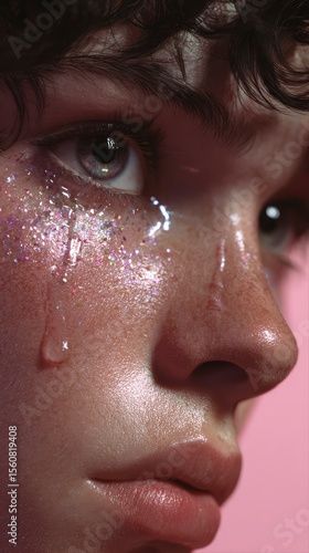 Wallpaper Mural Close-up of androgynous person in soft pink lighting, glossy eyes, glitter freckles, real tear rolling down cheek Torontodigital.ca