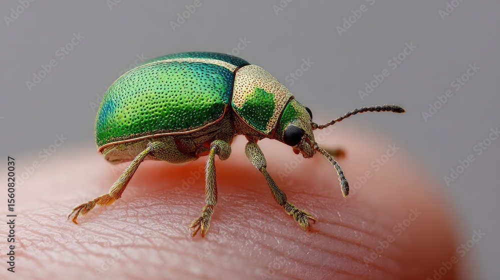 Naklejka premium Tiny green beetle crawling on fingertip, skin texture clearly visible, neutral blurred background