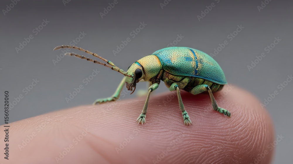 Naklejka premium Tiny green beetle crawling on fingertip, skin texture clearly visible, neutral blurred background