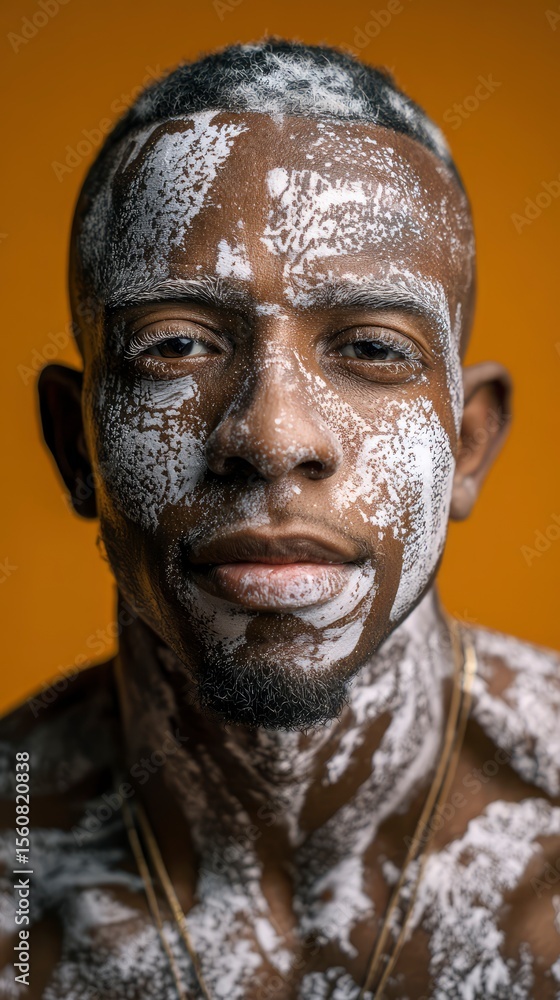 Portrait of a man with vitiligo, confident expression, high-resolution detail, vibrant background Portrait of a man with vitiligo, confident expression, high-resolution detail, vibrant background