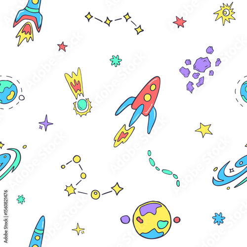Space for kids, colored objects. Playful sketch pattern on transparent background. Swatches included