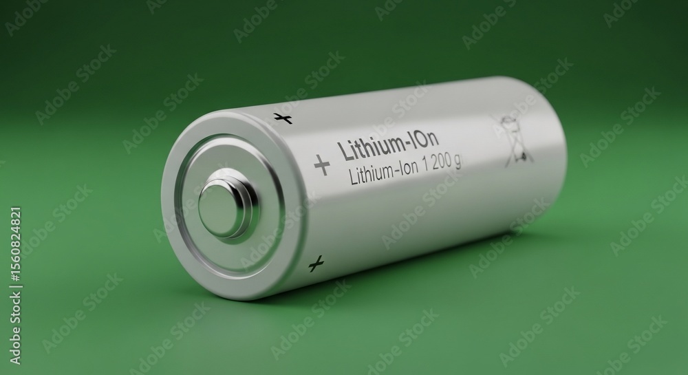 Lithium-Ion Battery Close-Up on Green Background, Energy Source, Power Cell Lithium-Ion Battery Close-Up on Green Background, Energy Source, Power Cell