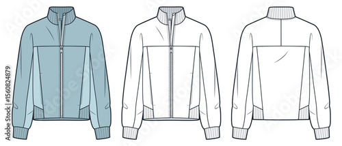 Zip Up Jacket technical fashion illustration. Sweatshirt fashion flat technical drawing template, high collar, front and back view, pockets, white, blue green, women, men, unisex CAD mockup set.