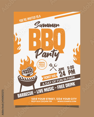 Summer BBQ Party Portrait flyer, bbq invitation poster vector template