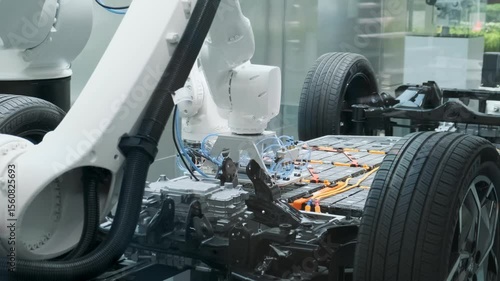 High-tech automotive manufacturing display featuring robotic arms assembling lithium-Ion EV battery pack and demonstrating electric vehicle platform of electric car. Human-free manufacture. Close up