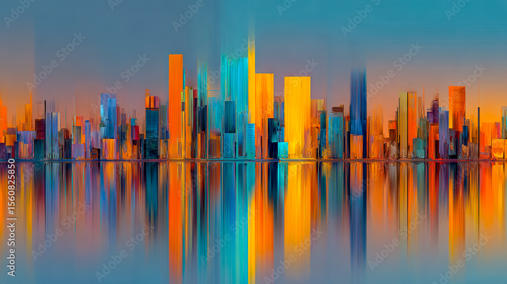 Abstract digital painting of a vibrant city skyline reflected on a calm body of water Abstract digital painting of a vibrant city skyline reflected on a calm body of water