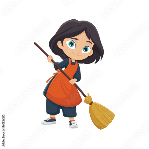 Cartoon girl in an apron holding a broom ready to start sweeping the floor.