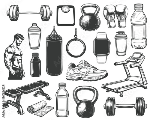 Monochrome vector art showcasing an array of gym and fitness equipment.