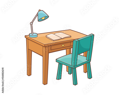 Cartoon illustration of a wooden desk with lamp, book, and a blue chair.