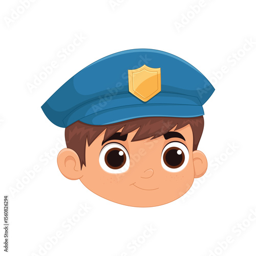 Cartoon portrait of a child wearing a police officer's uniform hat.