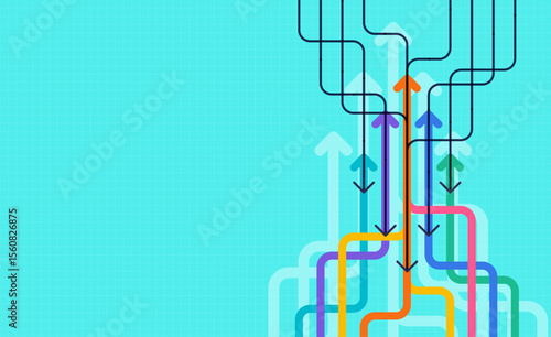Multicolored arrows forming a dynamic flow pattern on a turquoise grid background, symbolizing decision making, strategy, and business process concepts.