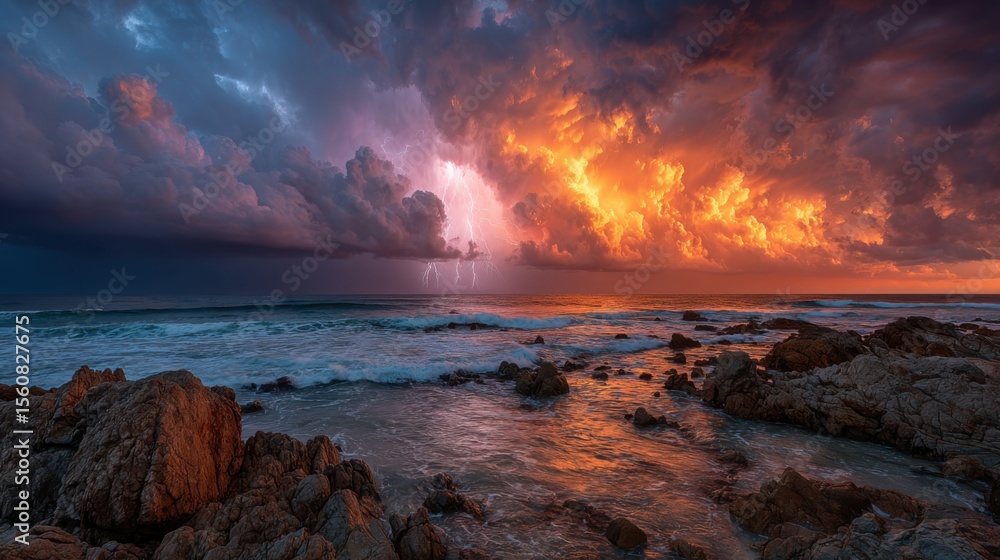 Obraz premium Dark clouds loom over a rocky shore as the sun sets, casting a brilliant orange and purple glow across the turbulent ocean. Lightning strikes illuminate the horizon, enhancing the dramatic atmosphere.