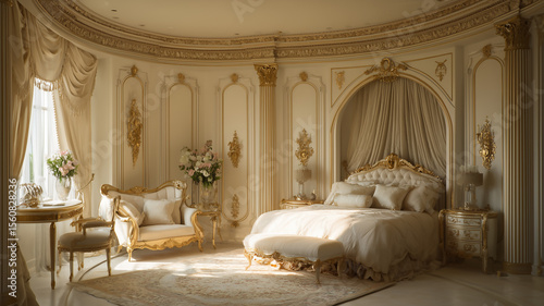 French-inspired luxury bedroom with curved furniture
