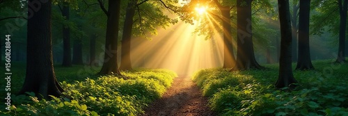 Serene Forest Path at Dawn Sunlight Illuminates Tranquil Walk Through Ancient Trees, Perfect for Meditation and Mindfulness