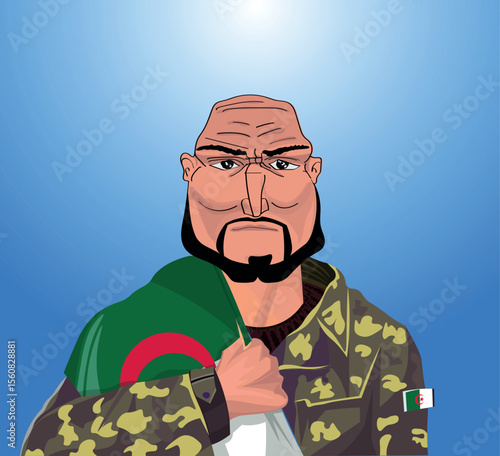 Embrace the essence of bravery and patriotism! Witness the power of an Algerian soldier with the national flag. Fuel your designs with pride. Get this essential vector file and inspire greatness!